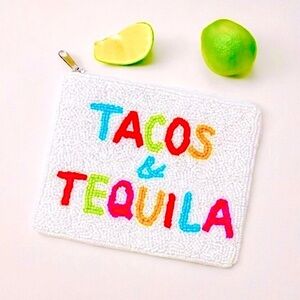 NWT Tacos & Tequila Beaded Embellished White Zip SHIRDEE Clutch Purse Pouch Bag